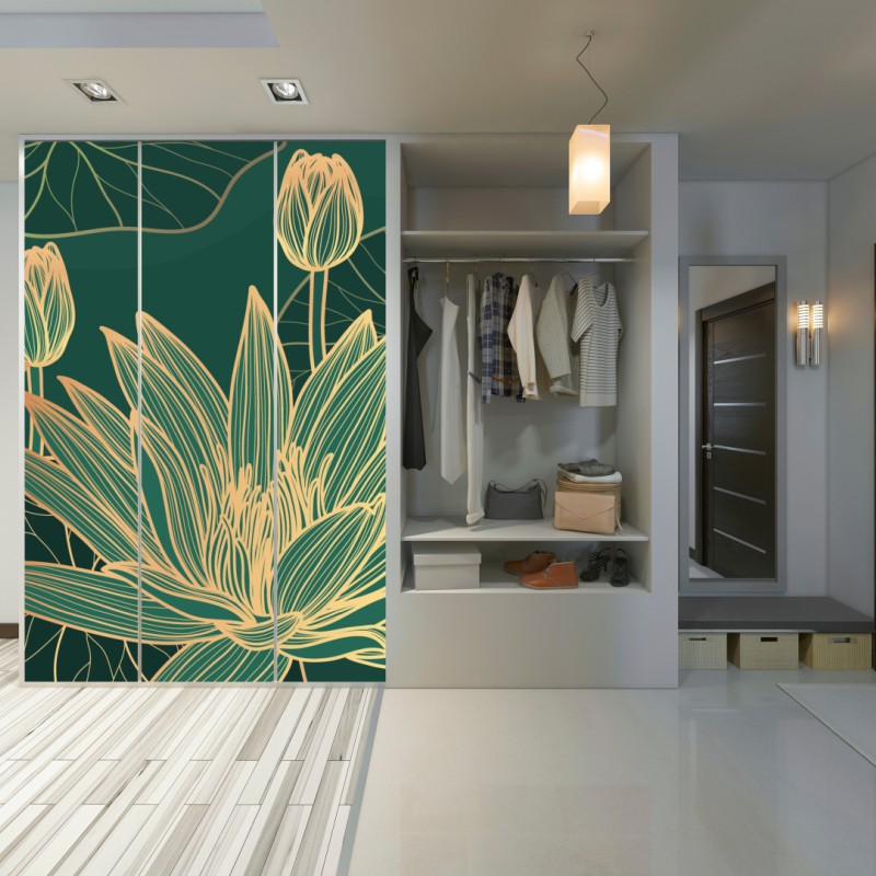 Schrankaufkleber goldene lotosblüten auf grünem hintergrund – Wallnifity® Schrankaufkleber goldene lotosblüten auf grünem hintergrund – Wallnifity®