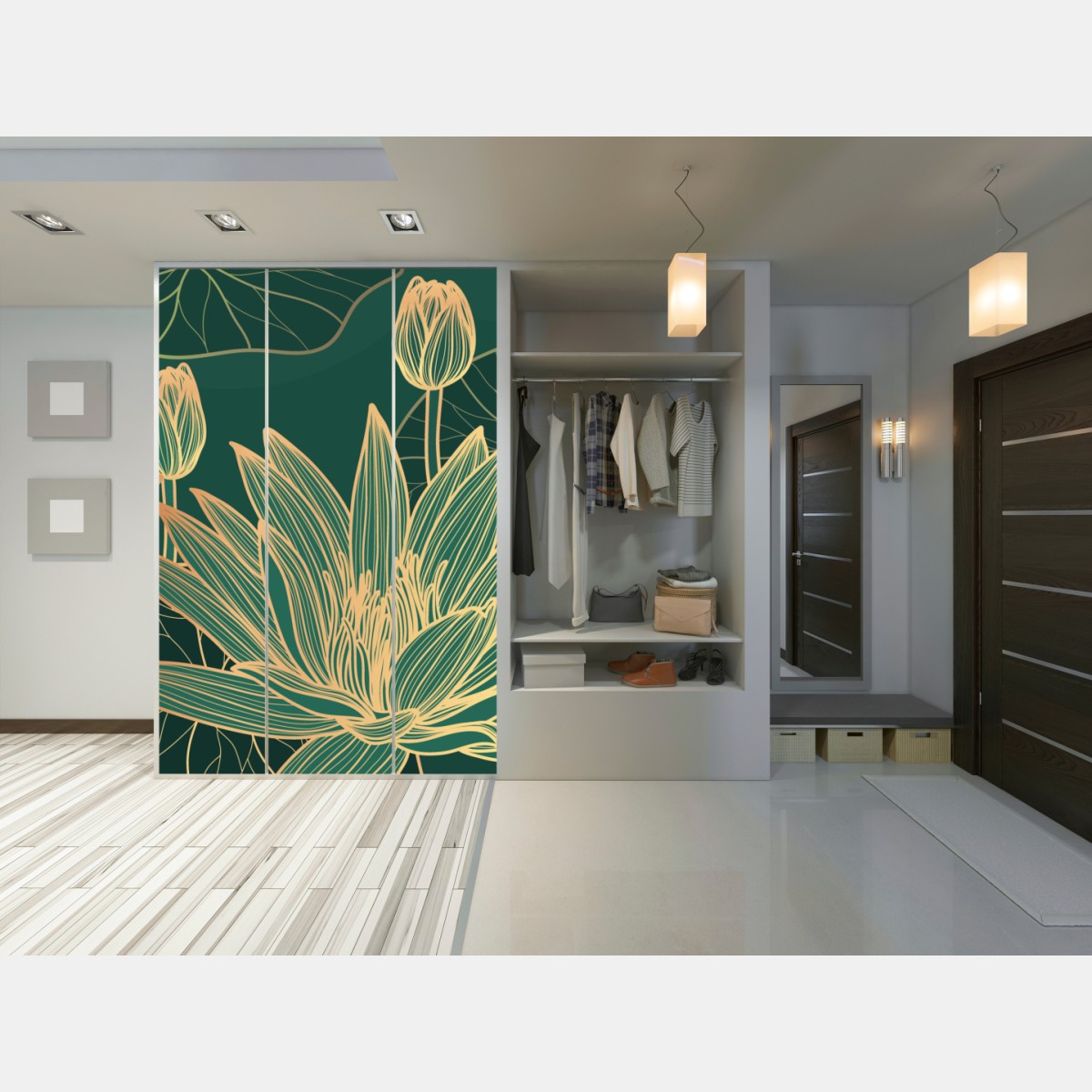 Schrankaufkleber goldene lotosblüten auf grünem hintergrund – Wallnifity® Schrankaufkleber goldene lotosblüten auf grünem hintergrund – Wallnifity®