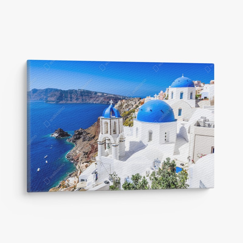 Leinwandbild Santorini blaue kuppeln über der kaldera