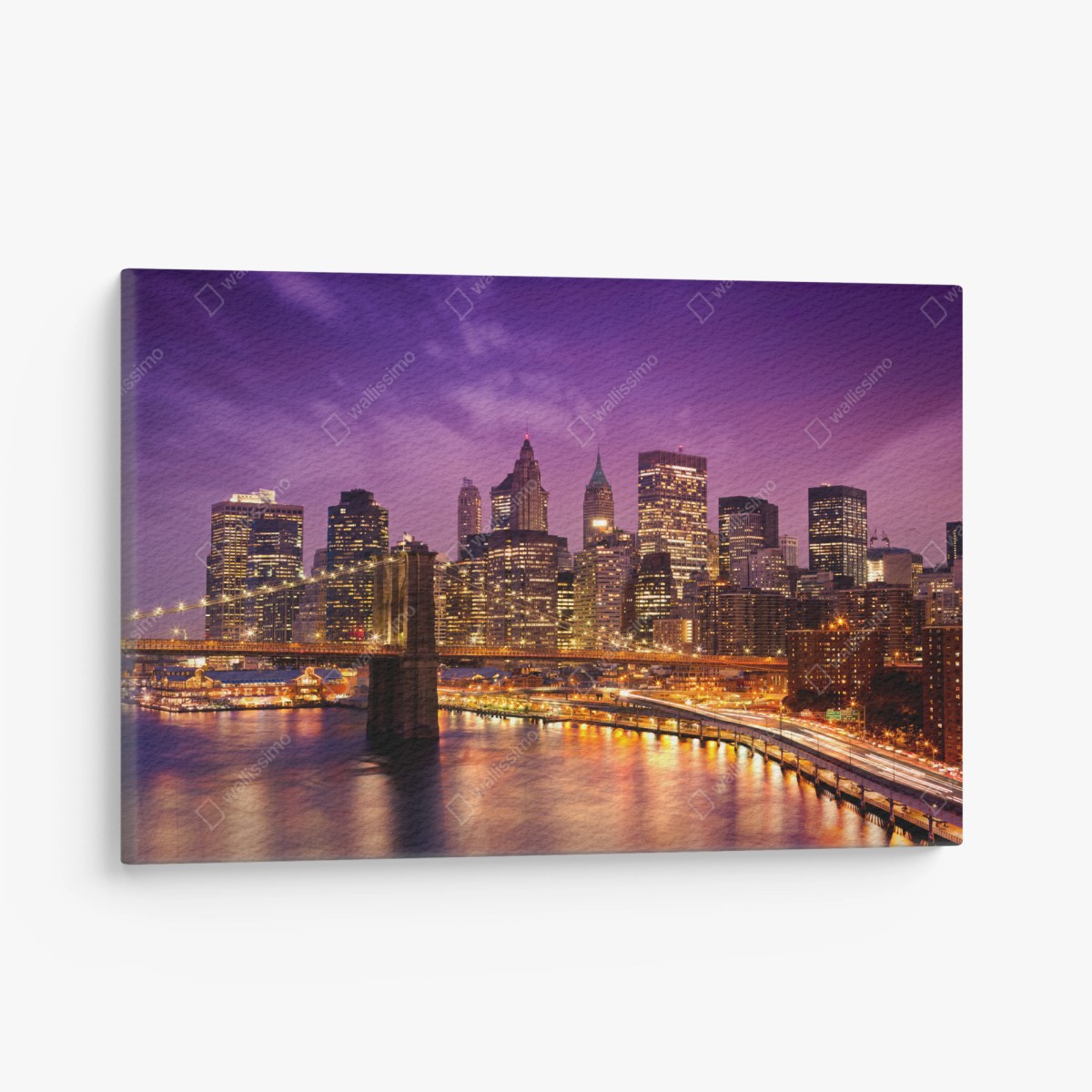 Leinwandbild violette skyline über leuchtender stadt und brücke – Wallnifity®