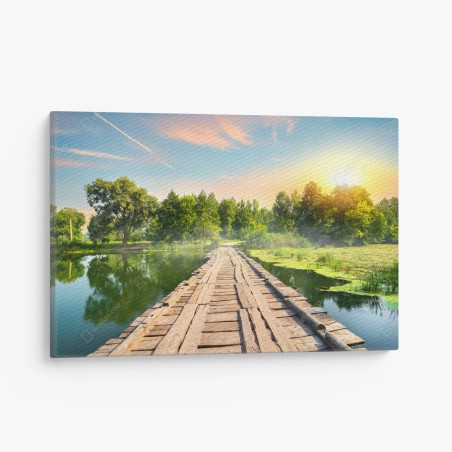 Leinwandbild sonnige hölzerne brücke über ruhigen see – Wallnifity®