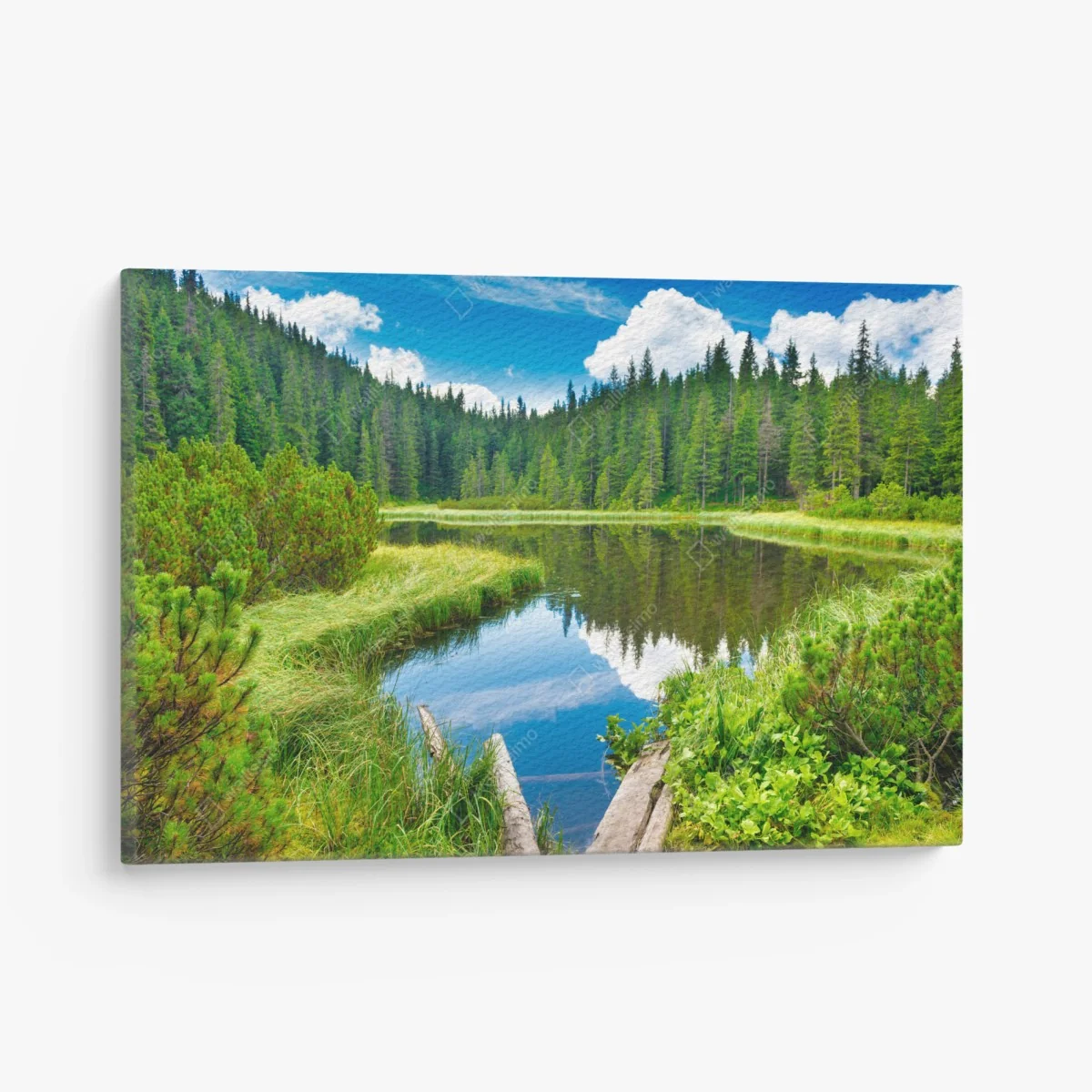 Leinwandbild ruhiger waldsee mit hölzerner brücke – Wallnifity®