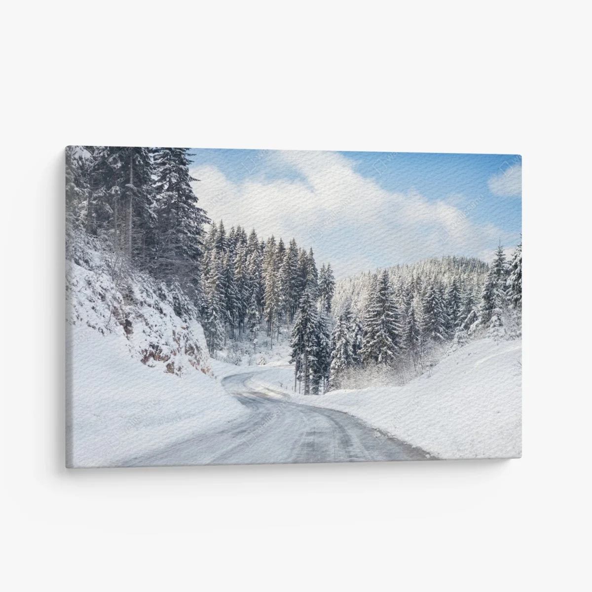 Leinwandbild winterstraße durch verschneiten nadelwald – Wallnifity®