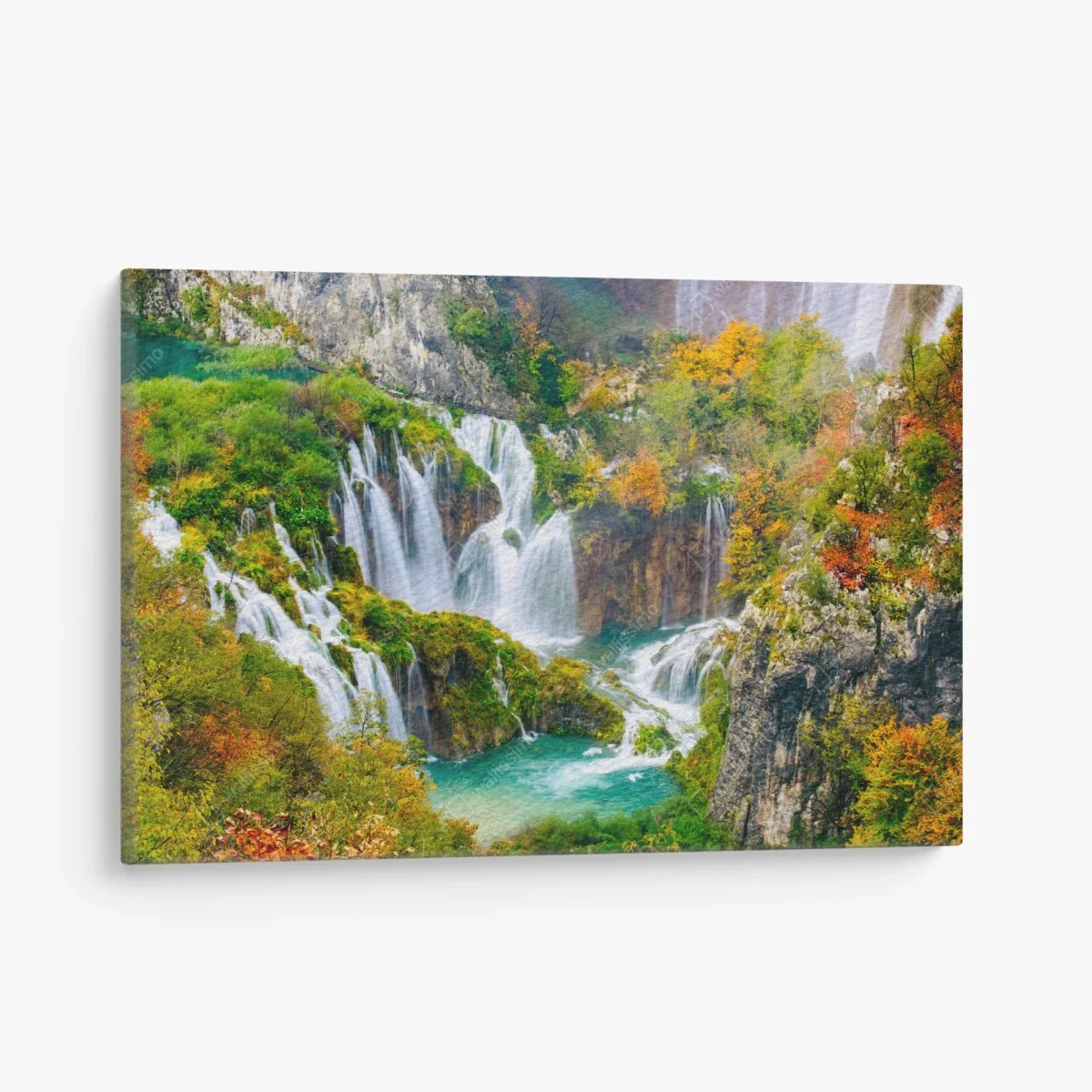 Leinwandbild türkisfarbener wasserfall im herbst – Wallnifity® Leinwandbild türkisfarbener wasserfall im herbst – Wallnifity®