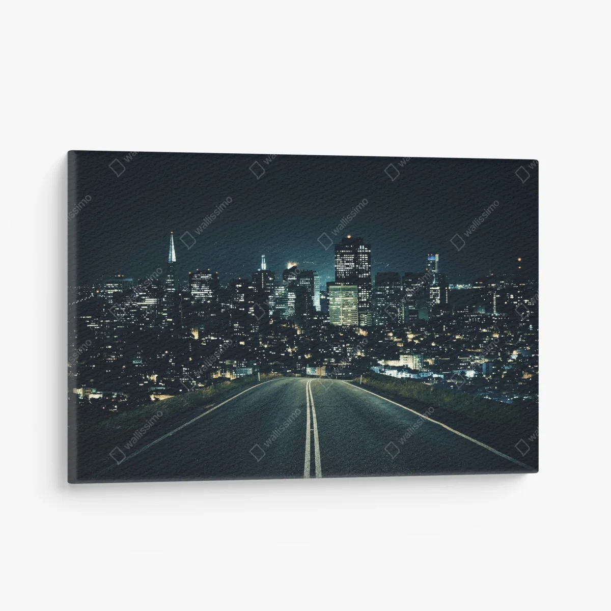 Leinwandbild straße zur beleuchteten stadtsilhouette bei nacht – Wallnifity® Leinwandbild straße zur beleuchteten stadtsilhouette bei nacht – Wallnifity®
