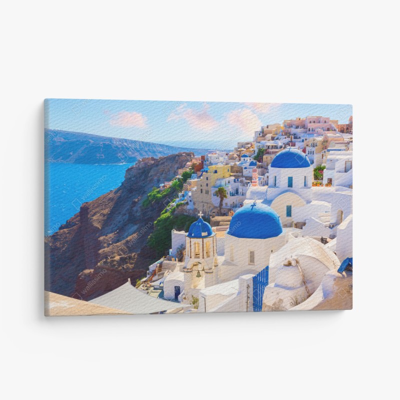 Leinwandbild Santorini blaue kuppeln und weiße häuser