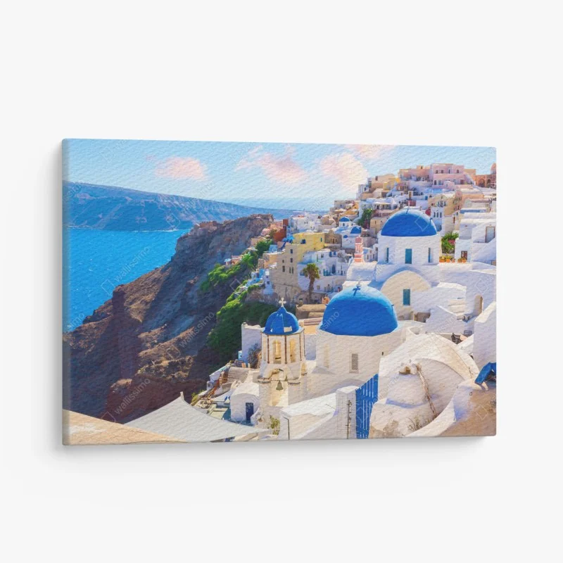 Leinwandbild Santorini blaue kuppeln und weiße häuser