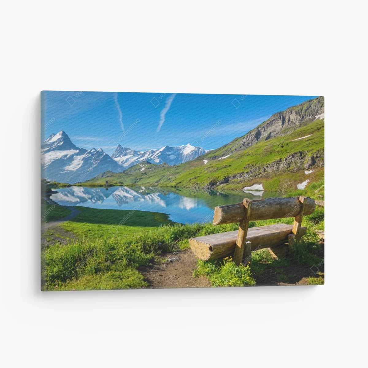 Leinwandbild alpensee mit hölzerner bank – Wallnifity®