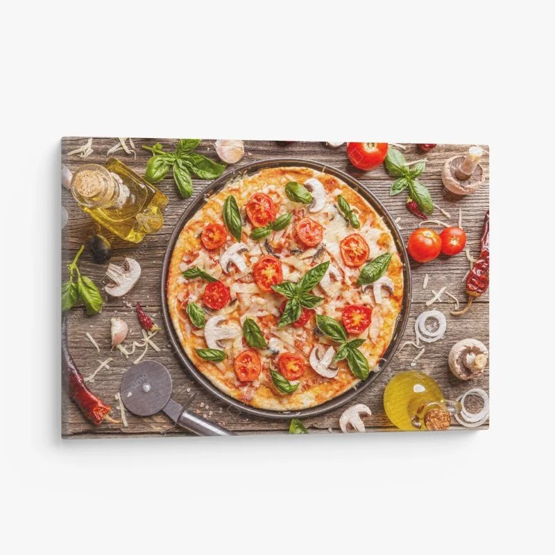 Leinwandbild frische pizza mit basilikum und cherrytomaten