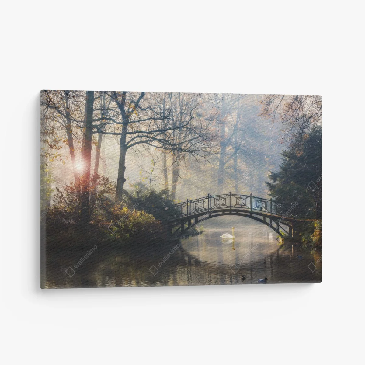 Leinwandbild neblige herbstbrücke mit schwan – Wallnifity® Leinwandbild neblige herbstbrücke mit schwan – Wallnifity®