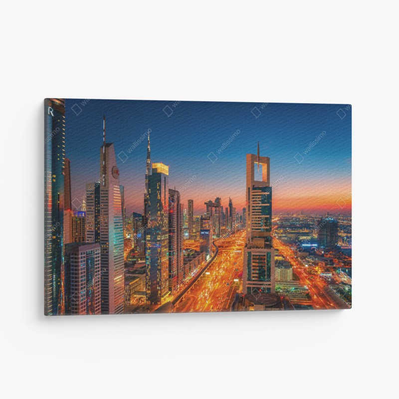 Leinwandbild Dubai skyline bei dämmerung