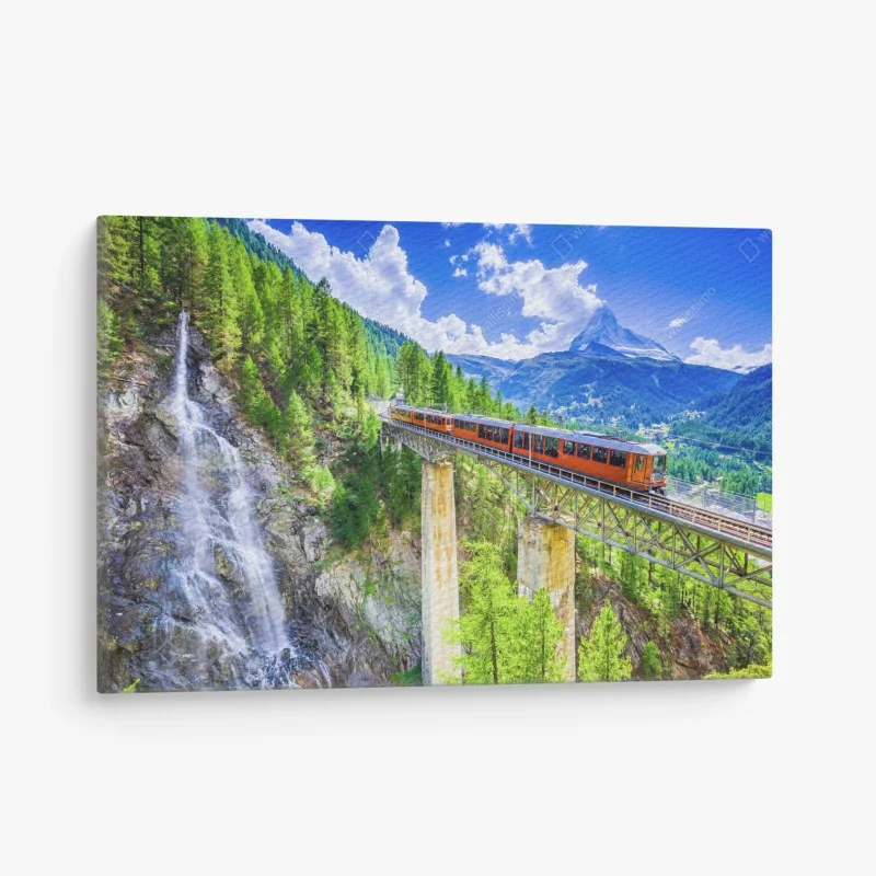 Leinwandbild Gornergrat zug auf alpenbrücke mit Matterhorn