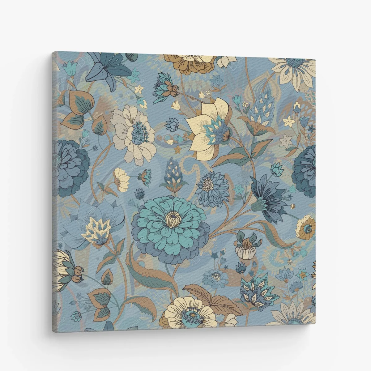 Leinwandbild vintage-blumenmuster in gedämpften blau- und beigetönen – Wallnifity® Leinwandbild vintage-blumenmuster in gedämpften blau- und beigetönen – Wallnifity®