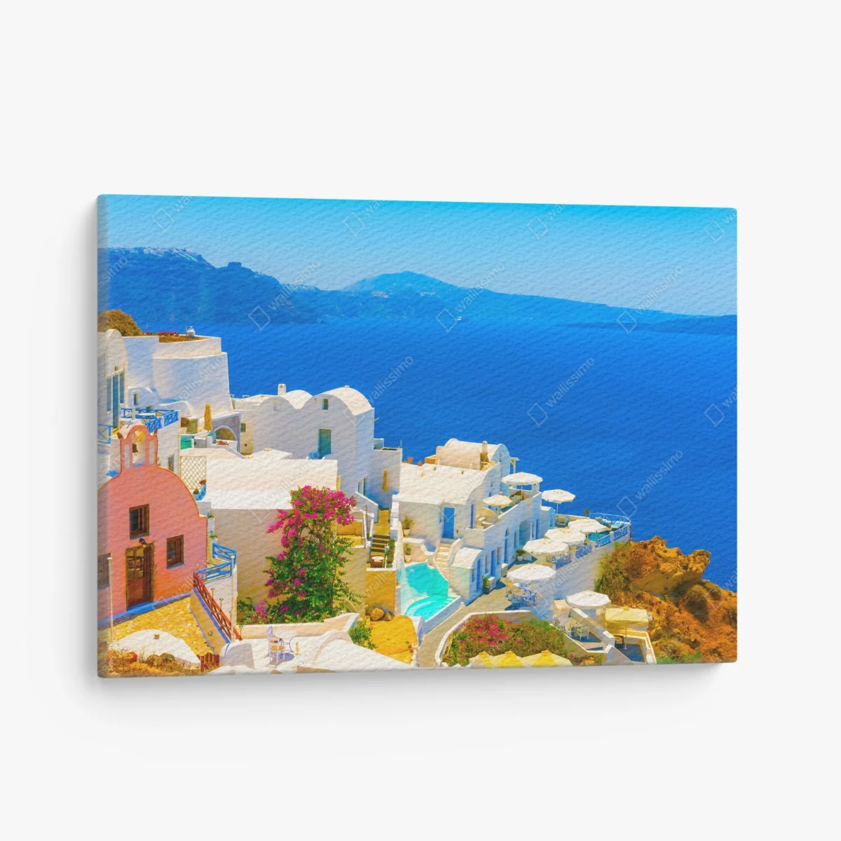 Leinwandbild sonniger blick auf Santorini mit weißen häusern und blauem meer – Wallnifity® Leinwandbild sonniger blick auf Santorini mit weißen häusern und blauem meer – Wallnifity®