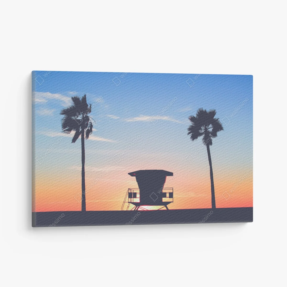 Leinwandbild sonnenuntergang am strand mit palmen und rettungsturm – Wallnifity®