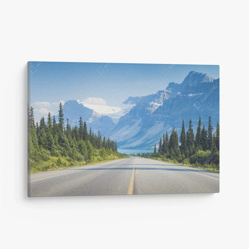 Leinwandbild straße durch kiefernwald zu gletschersee und bergen