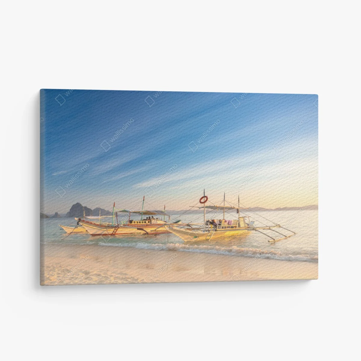 Leinwandbild tropischer strand bei sonnenuntergang mit booten – Wallnifity® Leinwandbild tropischer strand bei sonnenuntergang mit booten – Wallnifity®