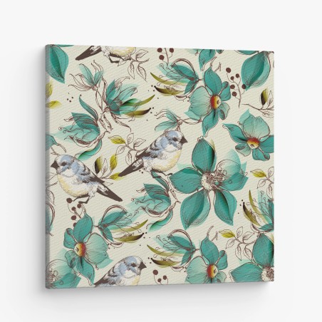 Leinwandbild retro türkis blumen- und vogelmuster – Wallnifity®