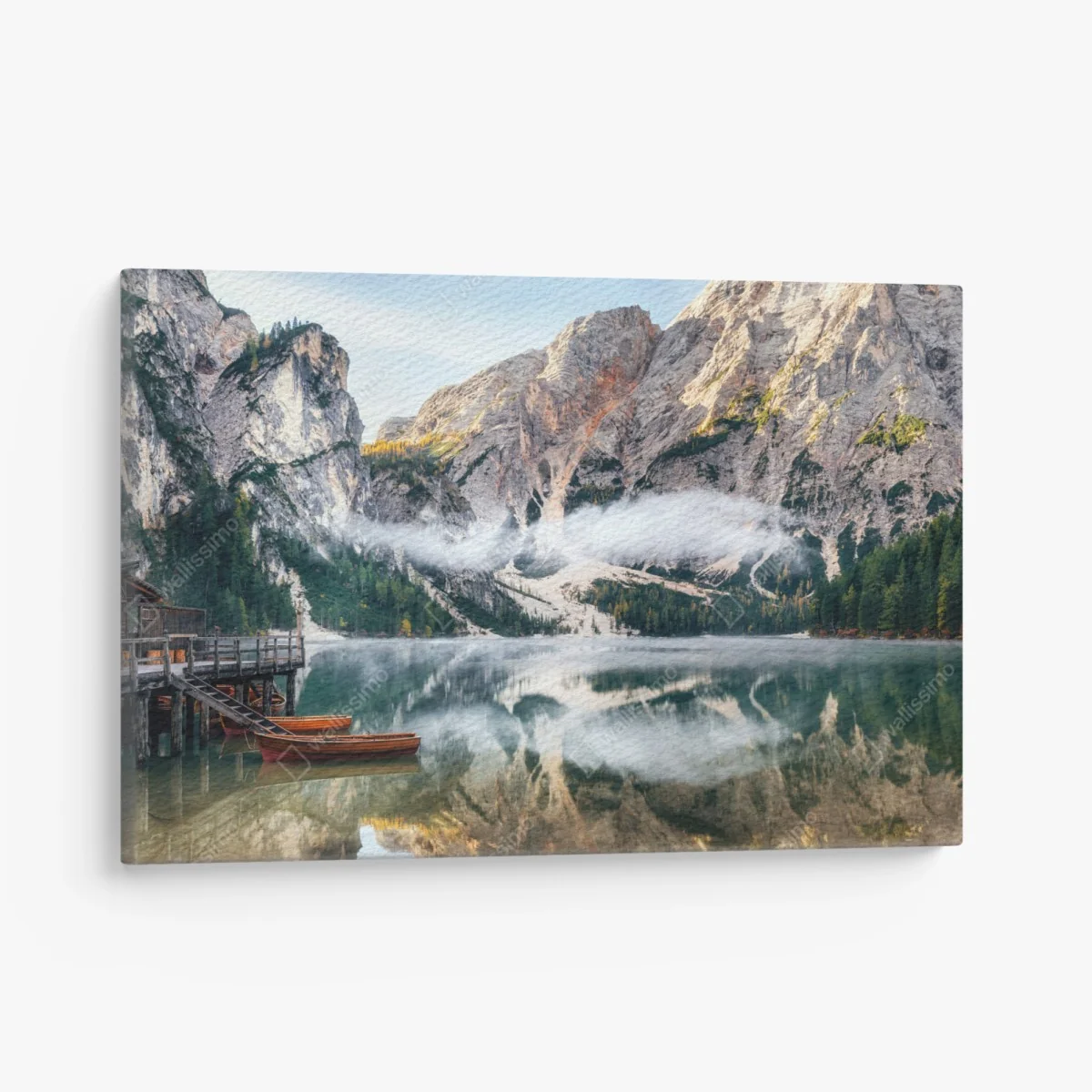 Leinwandbild nebliger alpensee mit spiegelung – Wallnifity® Leinwandbild nebliger alpensee mit spiegelung – Wallnifity®