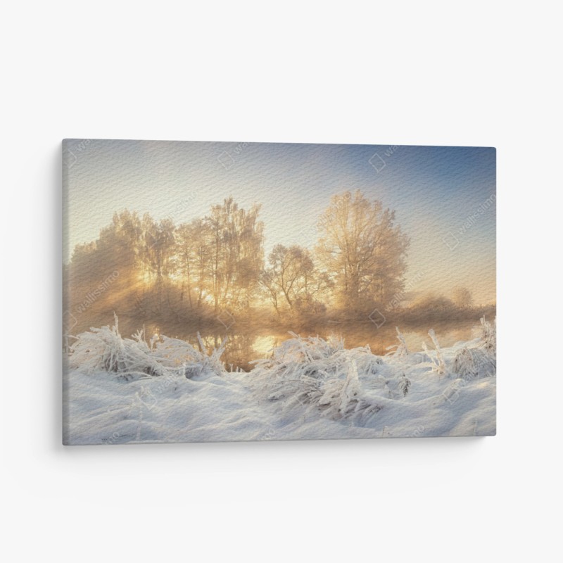 Leinwandbild goldener wintersonnenaufgang über dem frostigen fluss