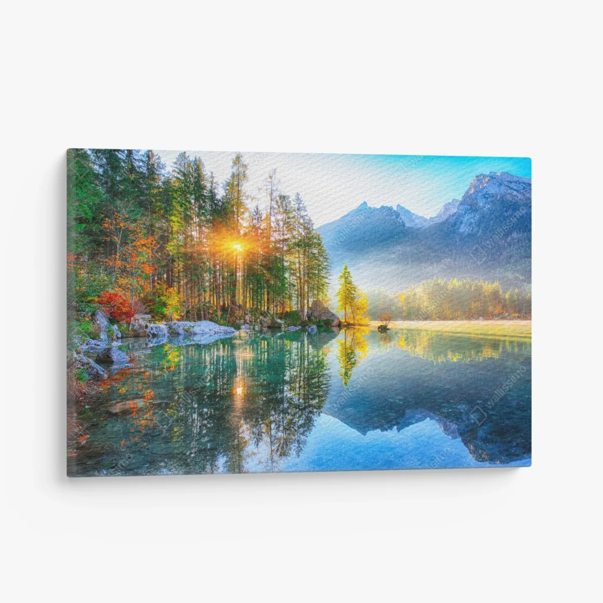 Leinwandbild Hintersee herbstlicher sonnenaufgang über dem türkisfarbenen see – Wallnifity® Leinwandbild Hintersee herbstlicher sonnenaufgang über dem türkisfarbenen see – Wallnifity®