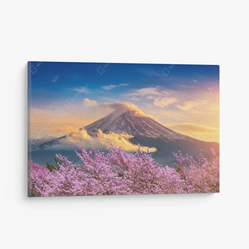 Leinwandbild Berg Fuji mit blühenden kirschblüten bei sonnenaufgang