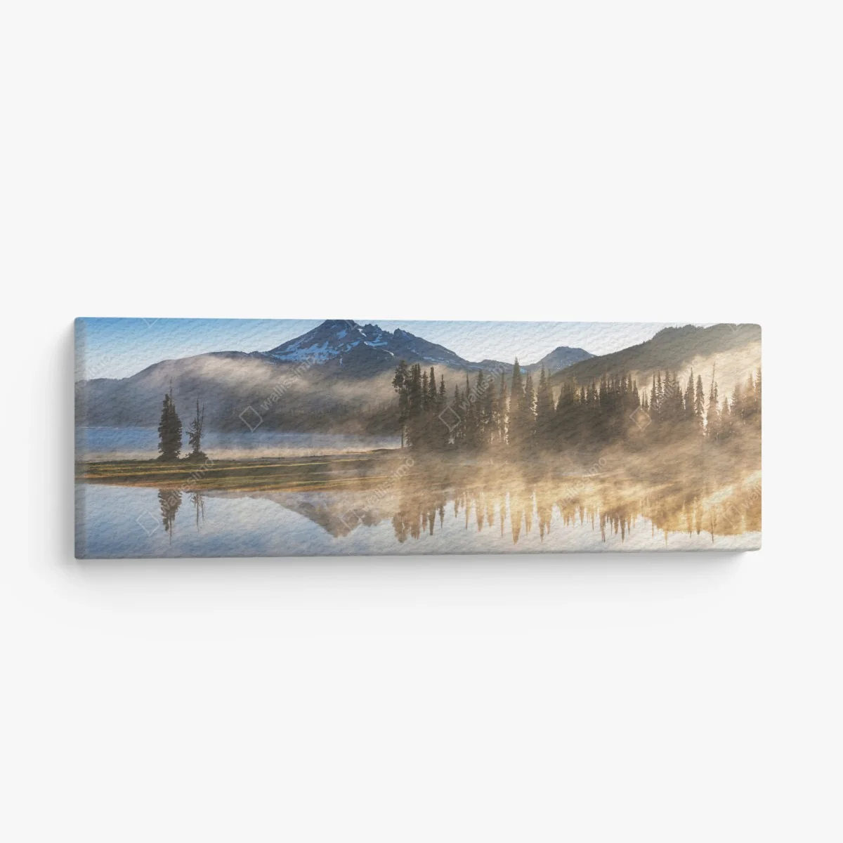 Leinwandbild nebliger bergspiegel am see bei sonnenaufgang – Wallnifity® Leinwandbild nebliger bergspiegel am see bei sonnenaufgang – Wallnifity®