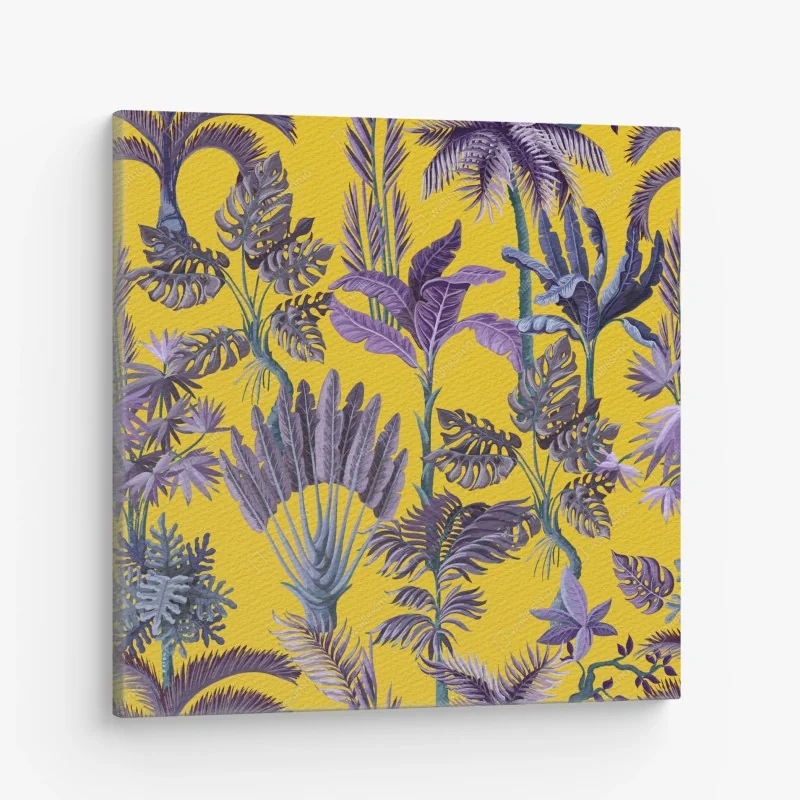 Leinwandbild tropische lila blätter auf gelbem hintergrund