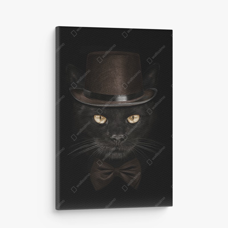 Leinwandbild elegante schwarze katze mit zylinder und fliege