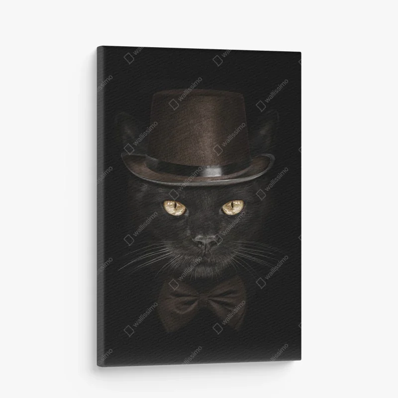 Leinwandbild elegante schwarze katze mit zylinder und fliege