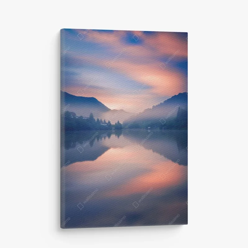 Leinwandbild nebeliger bergsee bei dämmerung