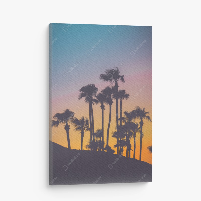 Leinwandbild retro tropische palmen bei sonnenuntergang