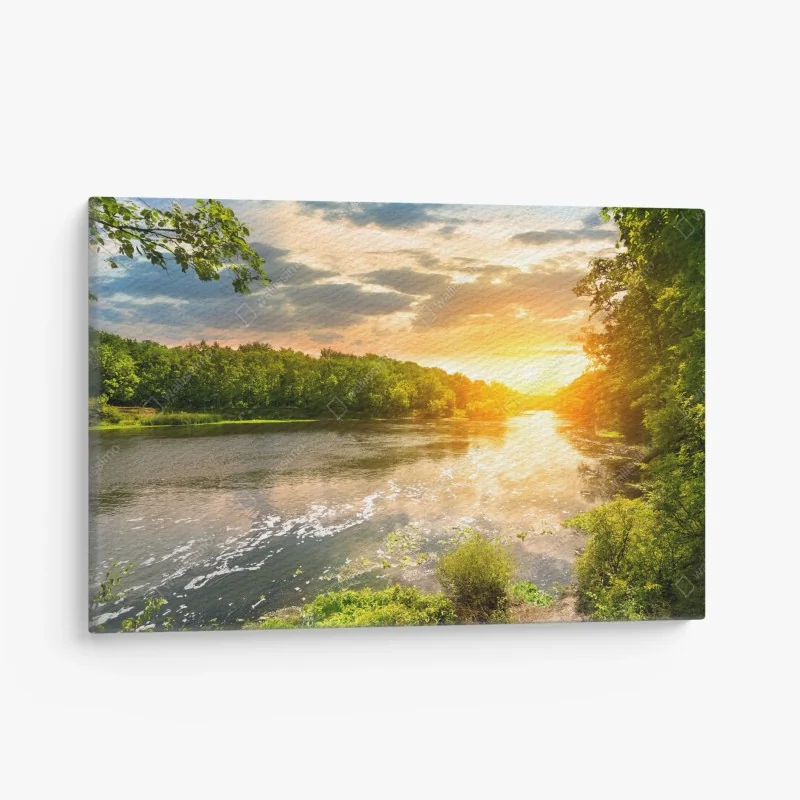 Leinwandbild ruhiger sonnenuntergang am fluss im grünen wald