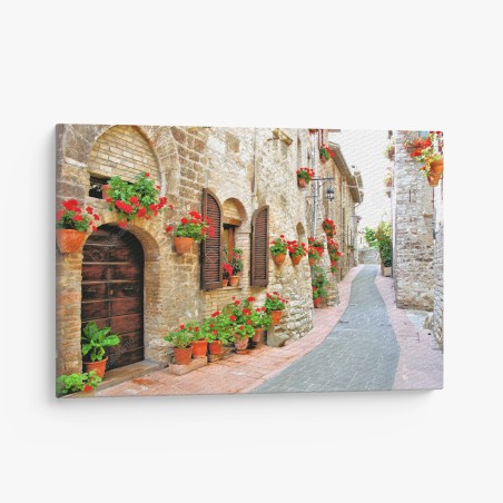 Leinwandbild sonnige steingasse mit roten geranien – Wallnifity®