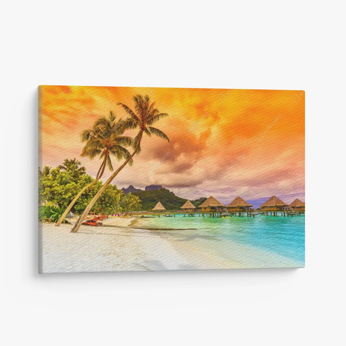 Leinwandbild sonnenuntergang in Bora Bora über wasserbungalows – Wallnifity® Leinwandbild sonnenuntergang in Bora Bora über wasserbungalows – Wallnifity®