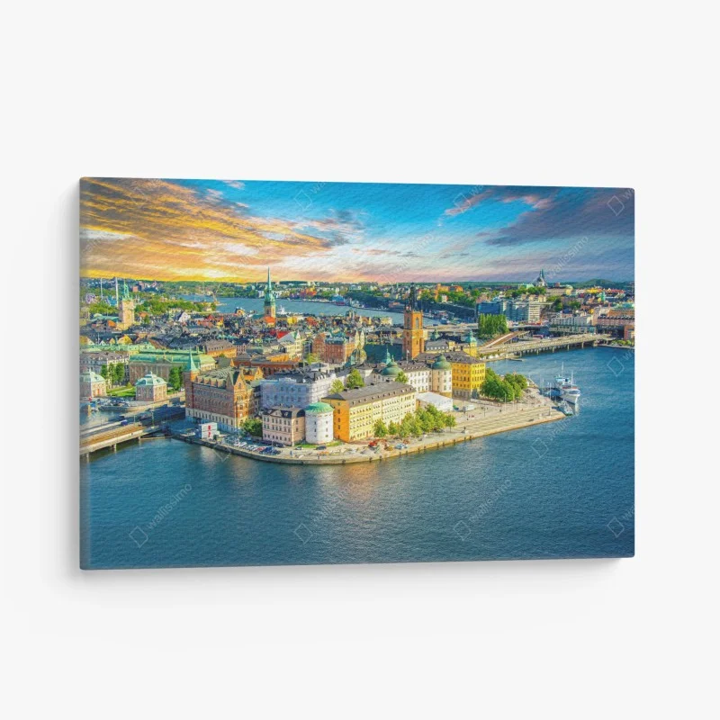 Leinwandbild lebendige stadtansicht von Stockholm bei sonnenuntergang