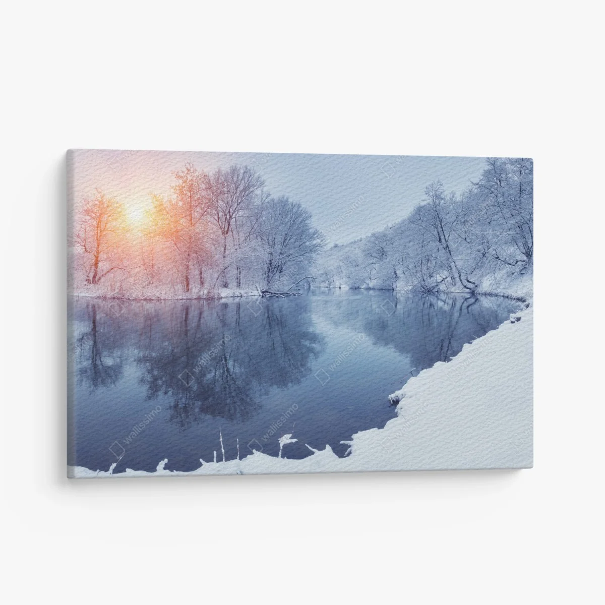 Leinwandbild winterliche flusslandschaft bei sonnenuntergang – Wallnifity® Leinwandbild winterliche flusslandschaft bei sonnenuntergang – Wallnifity®