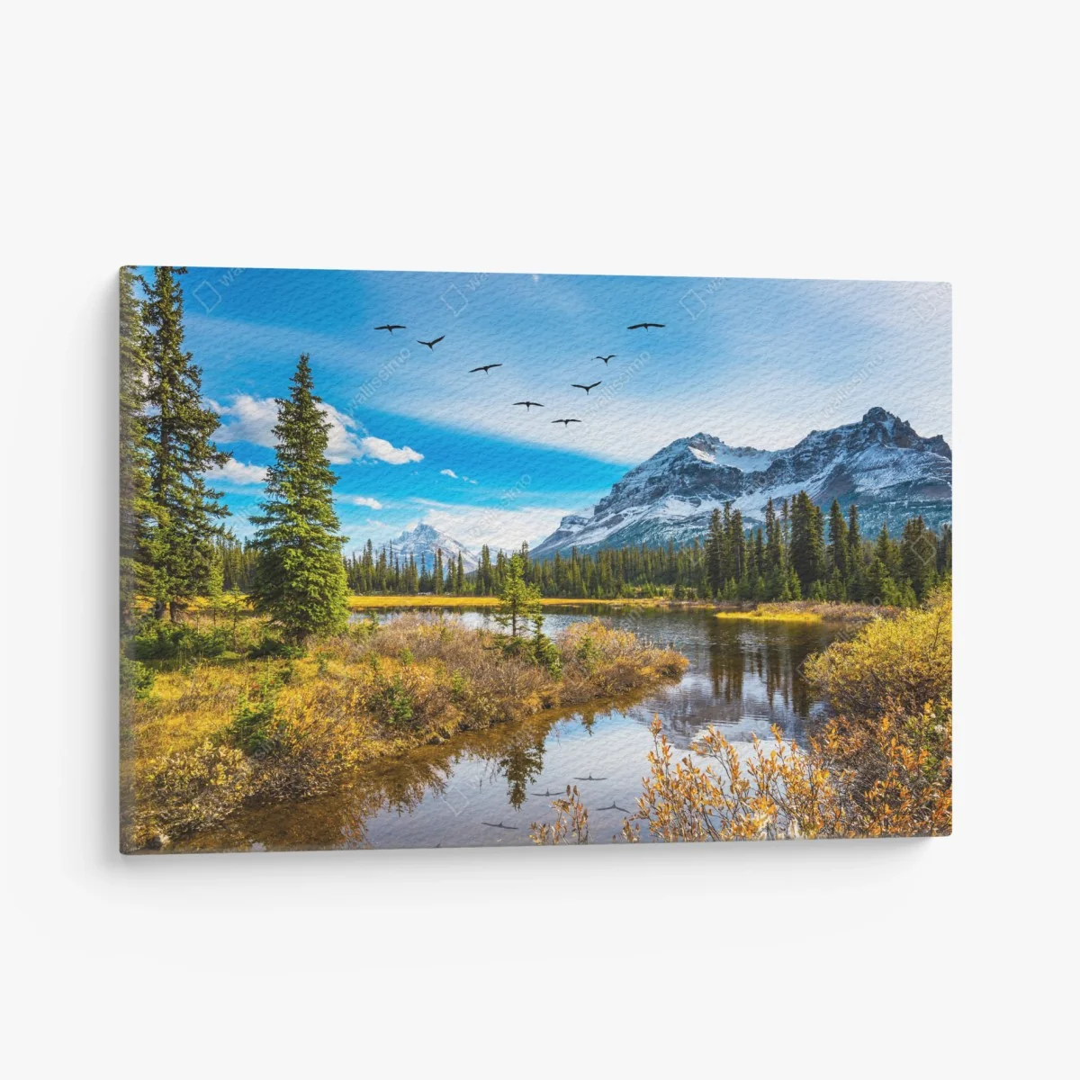 Leinwandbild herbstlicher bergsee mit vögeln – Wallnifity®