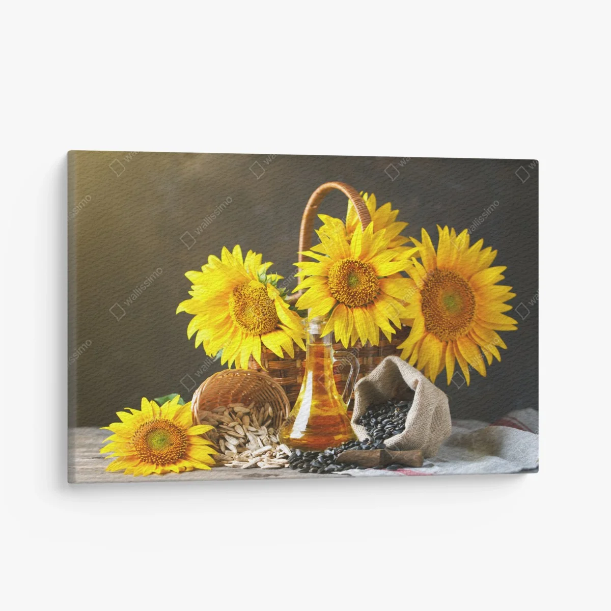 Leinwandbild leuchtendes stillleben mit sonnenblumen, kernen und öl – Wallnifity® Leinwandbild leuchtendes stillleben mit sonnenblumen, kernen und öl – Wallnifity®