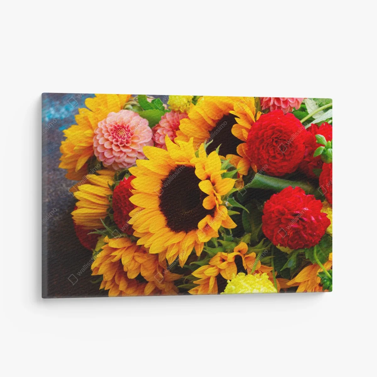 Leinwandbild nahaufnahme sonnenblumen- und dahlienstrauß – Wallnifity®