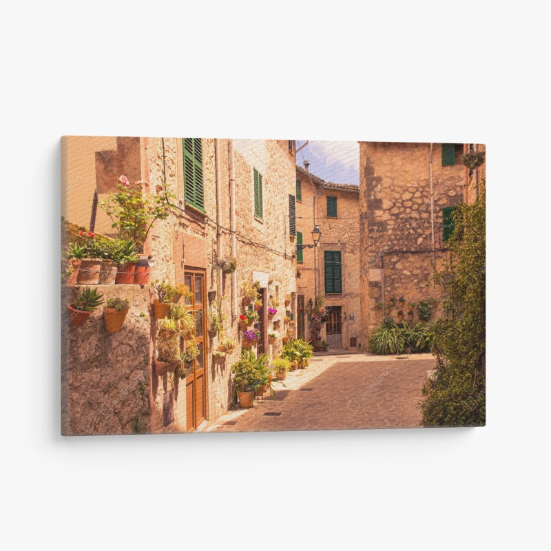 Leinwandbild sonnige mediterrane gasse mit blumentöpfen