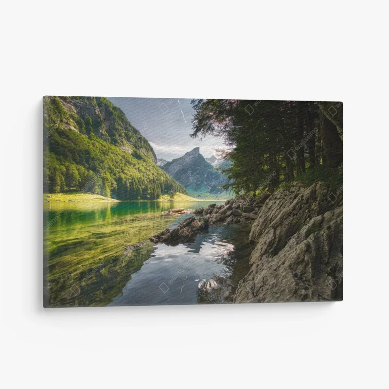 Leinwandbild Matterhorn bei sonnenaufgang über dem alpensee – Wallnifity®