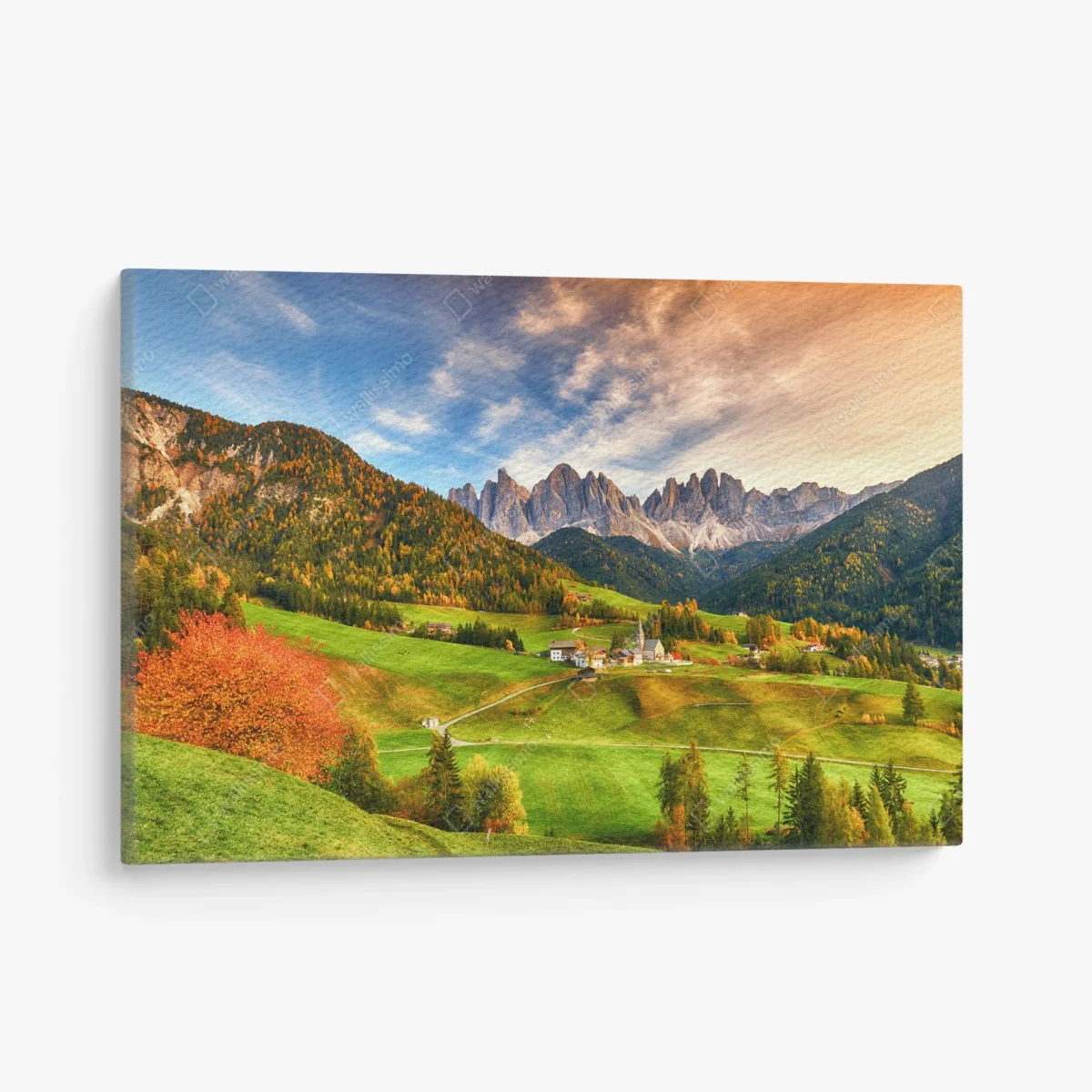 Leinwandbild herbstlicher sonnenuntergang über Santa Maddalena, Dolomiten – Wallnifity®