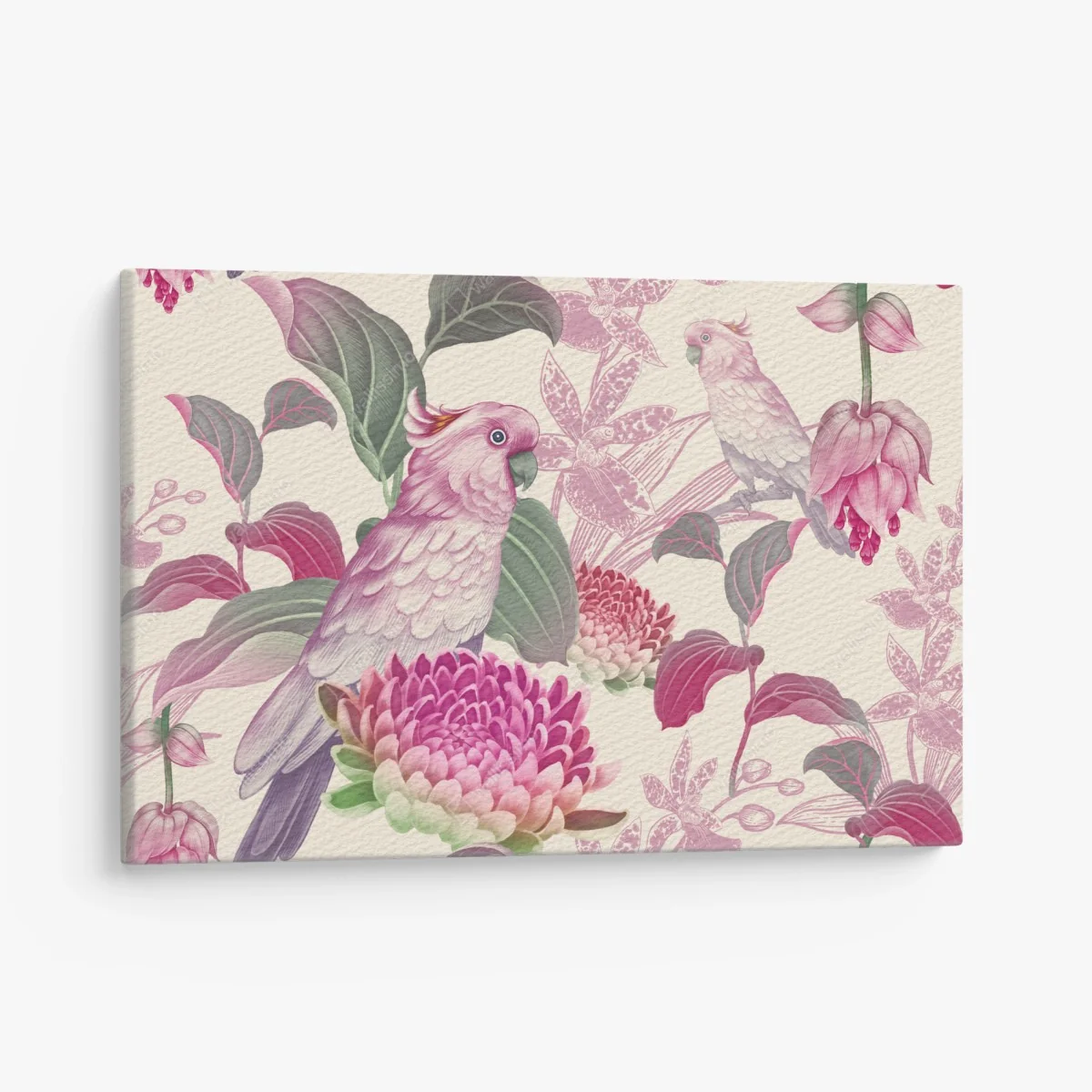 Leinwandbild rosa papagei und chrysantheme - botanisches motiv – Wallnifity® Leinwandbild rosa papagei und chrysantheme - botanisches motiv – Wallnifity®
