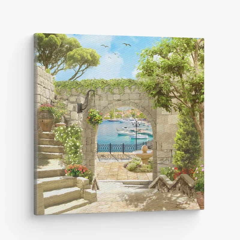 Leinwandbild mediterraner blick durch eine arkade