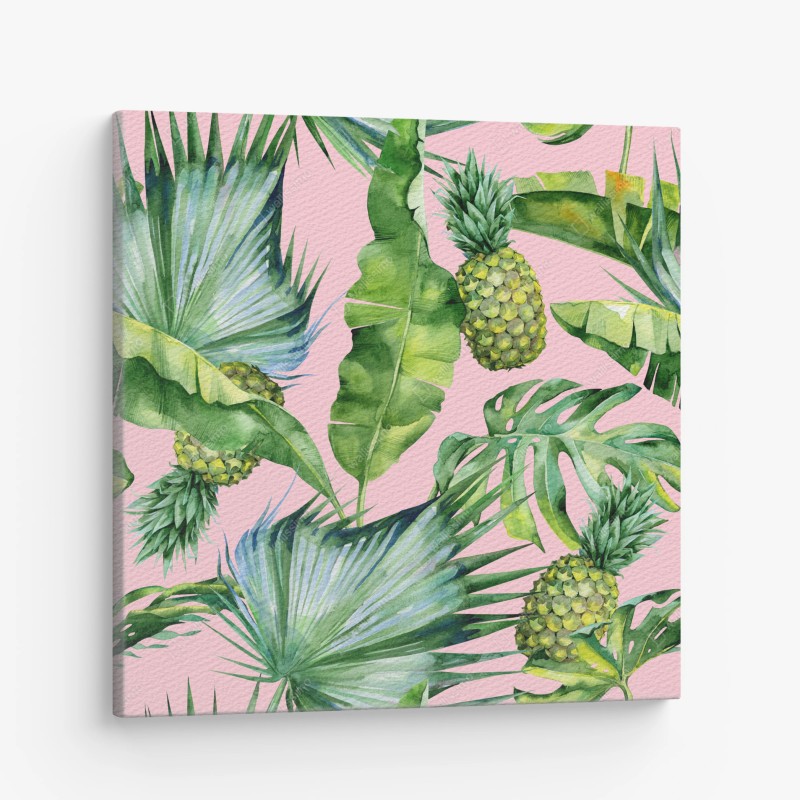 Leinwandbild tropisches ananas- und blattmuster in aquarell auf rosa hintergrund