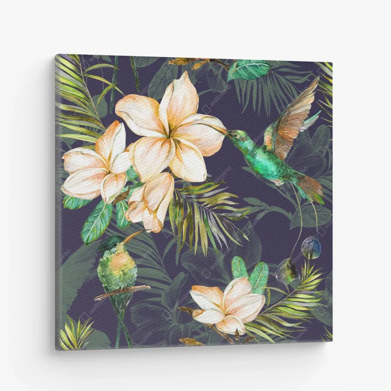 Leinwandbild tropische kolibris und plumeria in aquarell