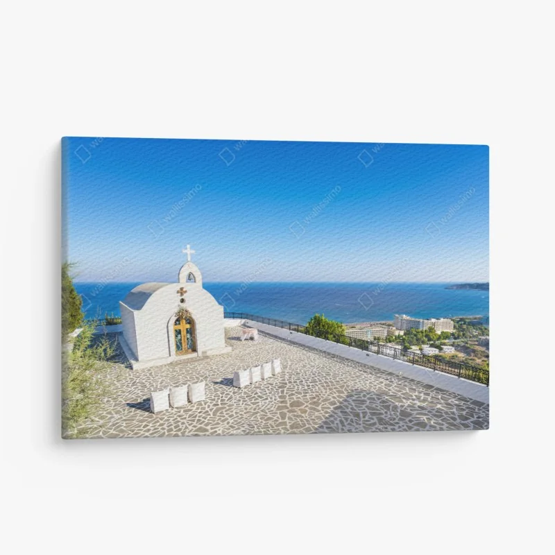 Leinwandbild weiße kapelle mit meerblick in Faliraki