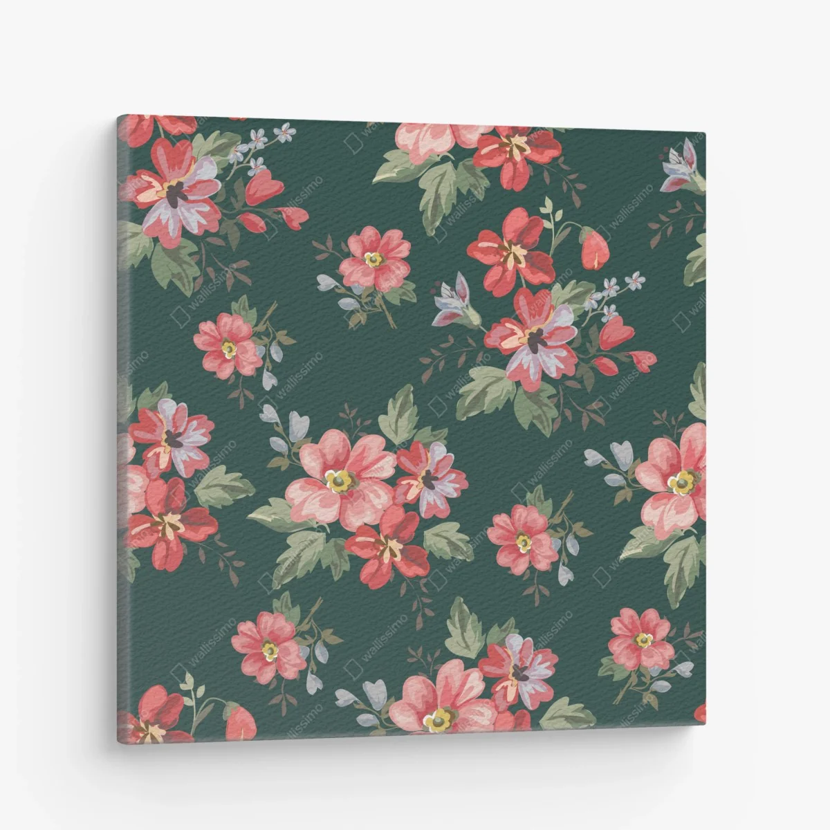 Leinwandbild vintage rosa blumenmuster auf tiefgrün – Wallnifity®