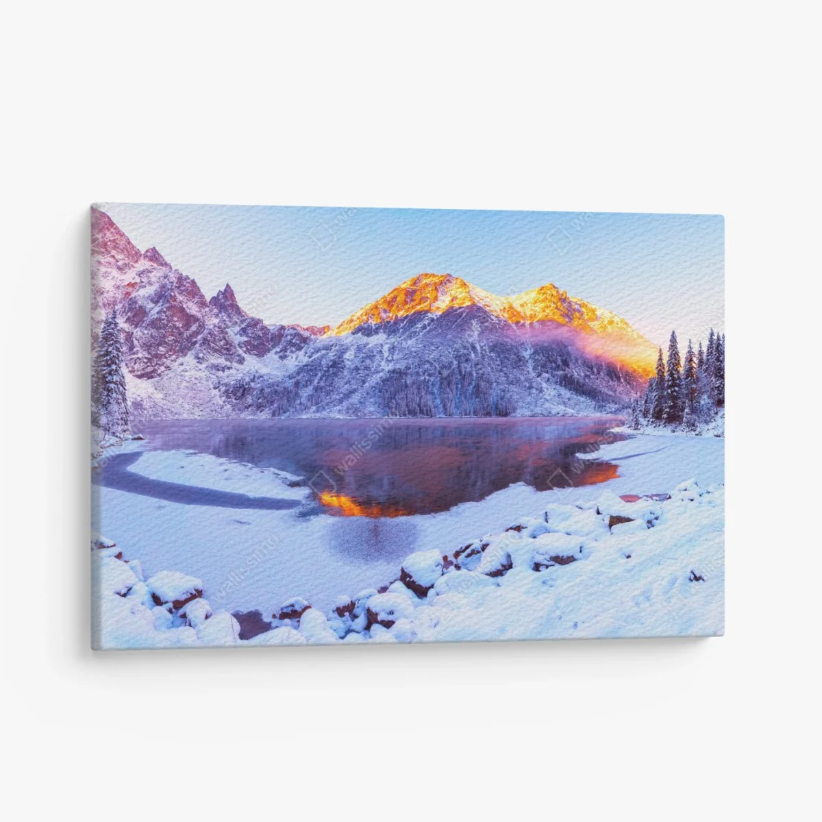 Leinwandbild sonnenbeschienene berge über gefrorenem alpensee – Wallnifity® Leinwandbild sonnenbeschienene berge über gefrorenem alpensee – Wallnifity®